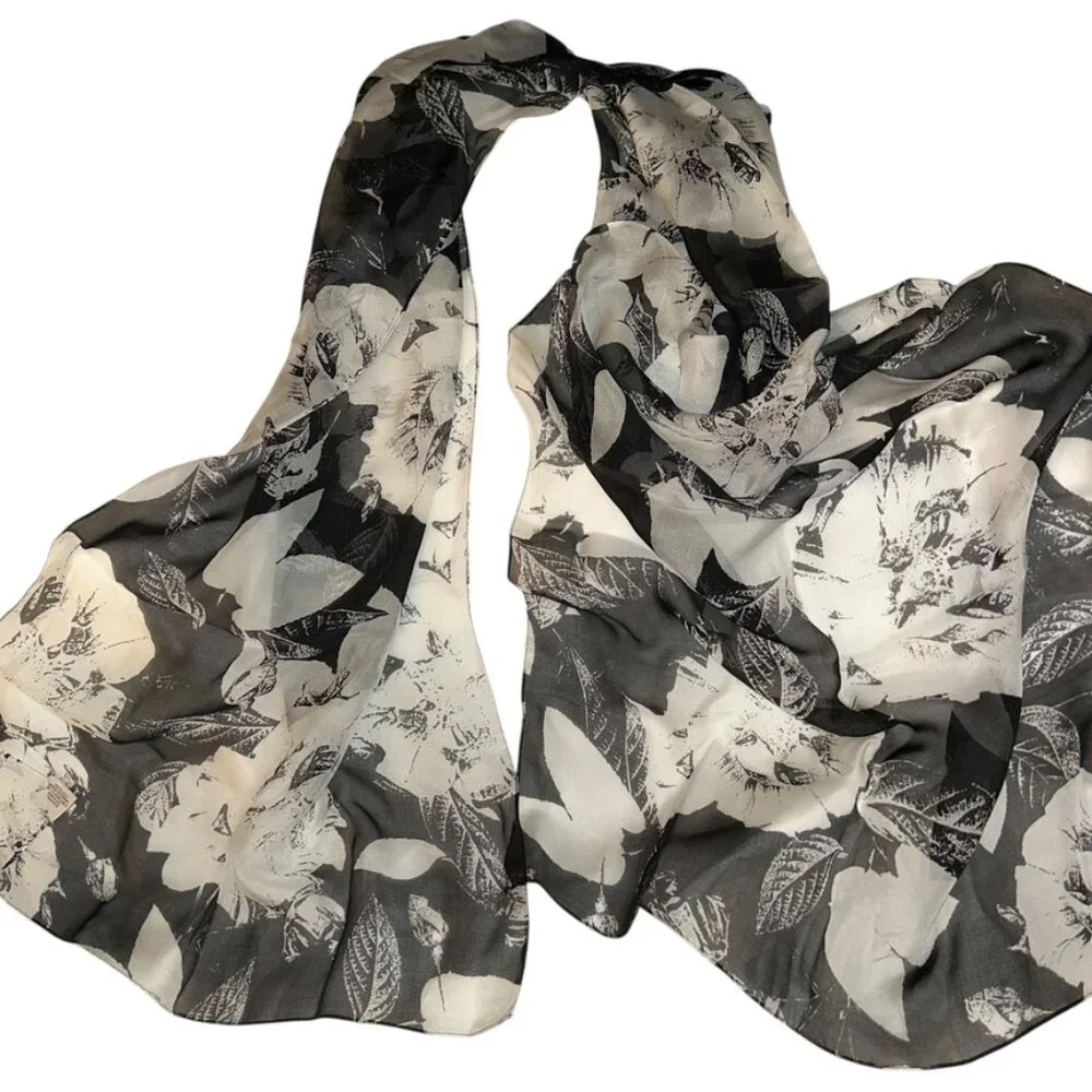 anne klein 100% SILK black white classic handkerchief floral flowers scarf 18x71
